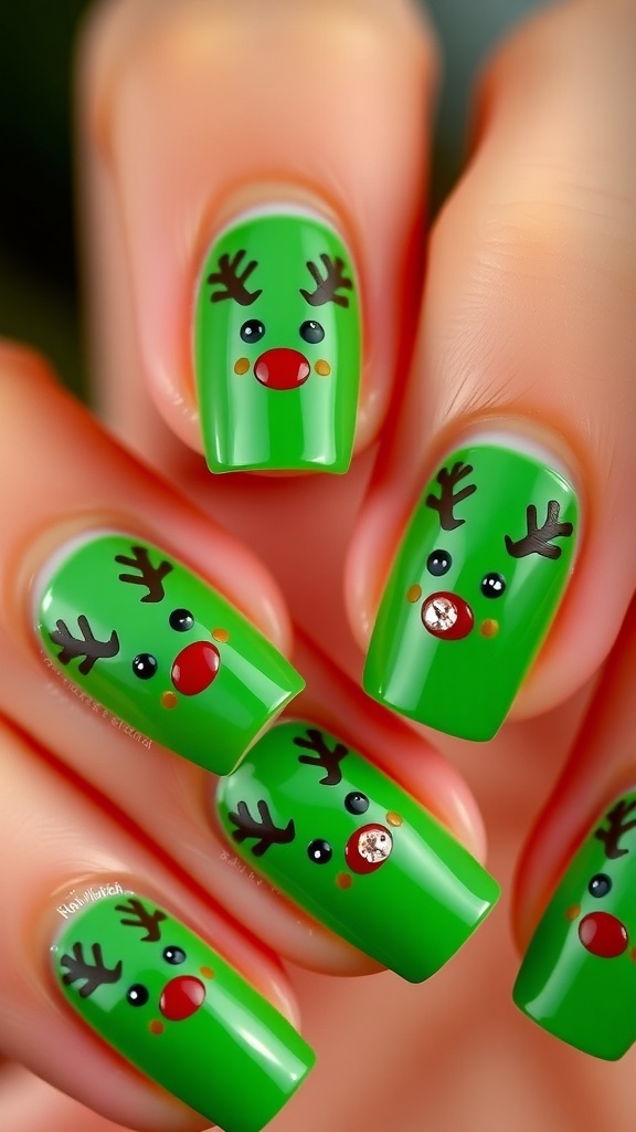 Close-up of green Christmas nails with reindeer designs and rhinestones.